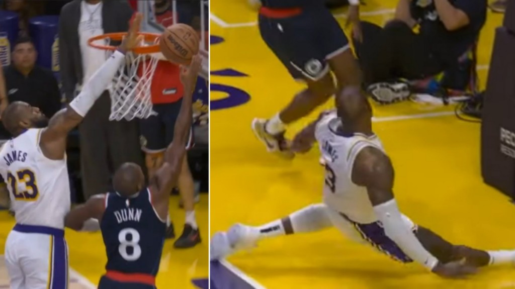NBA / 【影片】40岁老詹复刻「The Block」！狂奔追身火锅对手落地劈叉，裁判反复回看后确认好球！-黑特篮球-NBA新闻影音图片分享社区